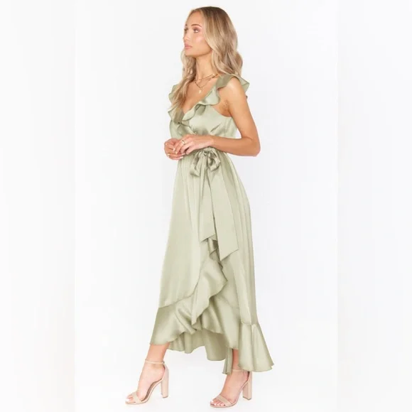 Show Me Your Mumu Samantha Ruffle Wrap Dress Moss Green Luxe Satin Large - Picture 2 of 9